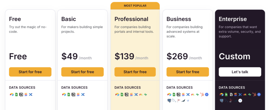 Softr’s pricing page